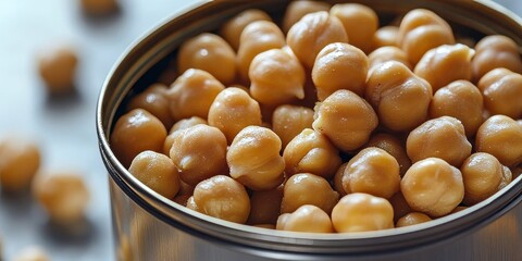 Poster - Chickpeas in an opened can showcase cooked and canned chickpeas, rich in protein, derived from Cicer arietinum, also referred to as garbanzo beans or gram. This macro food photo captures chickpeas