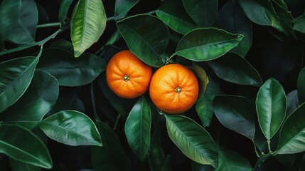 Poster - Close up of two mandarins on a branch surrounded by vibrant green leaves, showcasing the beauty of mandarins in a natural setting. The fresh mandarins highlight the essence of nature.