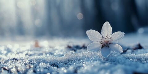 Poster - Soft focus on an ice flower positioned at the snow s edge in a winter forest. The frost covered morning captures the essence of winter landscapes and the beauty of nature s harshness.