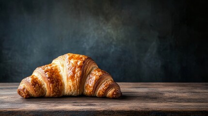 Poster - Deliciously baked croissant rests on a rustic wooden kitchen table. This tasty croissant is the perfect light bread choice for breakfast, set against a contrasting dark background.