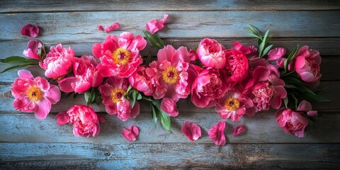 Poster - Beautiful blooming peonies with vibrant petals arranged artfully on a rustic wooden table, showcasing the elegance and charm of blooming peonies in a stunning display.