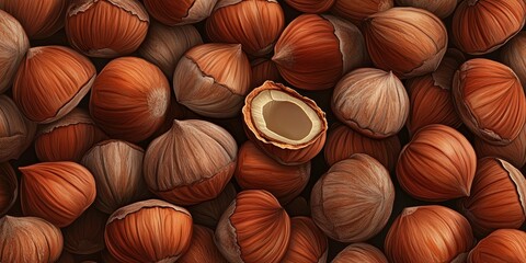 Poster - A detailed background and texture featuring hazelnuts in their shells, highlighting the unique patterns and earthy tones of these natural elements, ideal for artistic and culinary applications.