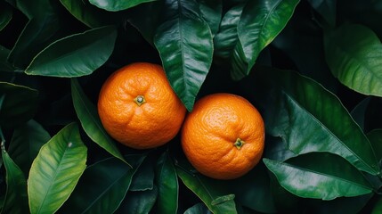 Poster - Close up of two mandarins on a branch surrounded by vibrant green leaves, showcasing the beauty of mandarins in a natural setting. The fresh mandarins highlight the essence of nature.
