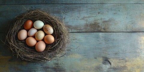 Poster - Fresh eggs nestled in a cozy nest rest on a wooden table, showcasing the natural beauty of fresh eggs and their inviting presence in any setting. Fresh eggs bring warmth and charm to the scene.