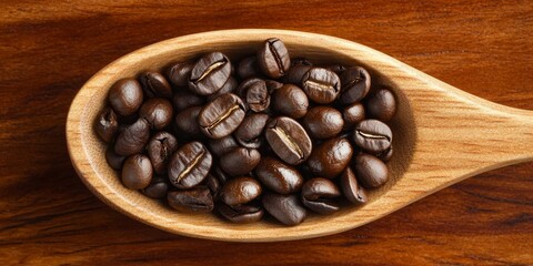 Poster - Full wooden spoon filled with coffee beans, showcasing the rich texture and aroma of coffee beans. This image highlights the natural beauty of coffee beans captured in a wooden spoon.