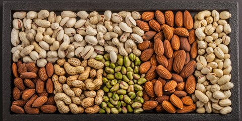 Poster - A variety of nuts, including pistachios, almonds, cashews, and peanuts, arranged on a black board. This display features pistachios, almonds, cashews, and peanuts in an appetizing layout.