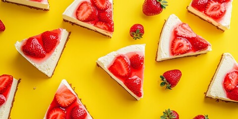Poster - Sliced strawberry cheesecake in uneven portions on a vibrant yellow backdrop. This flat lay showcases a no bake strawberry cake, highlighting a delightful berry gelatin creamy dessert.