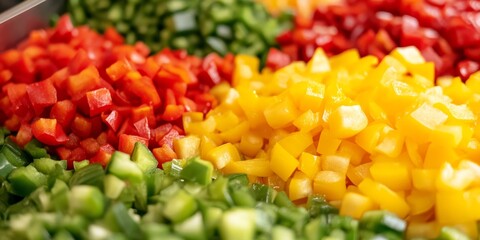 Poster - Colorful chopped peppers in fresh red, yellow, and green shades create a vibrant display. These fresh peppers add a burst of color and flavor, making them ideal for various dishes and salads.
