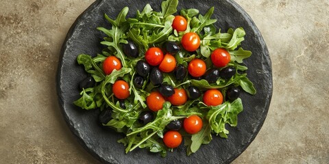 Poster - On a stone plate, theres a fresh salad featuring arugula, black olives, and cherry tomatoes, captured from an aerial perspective.