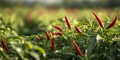 Aufkleber - Vibrant detail of red chili peppers in a field, showcasing the beauty of chili and hot pepper varieties. This image features green chili and red pepper, highlighting Capsicum annuum and its allure.