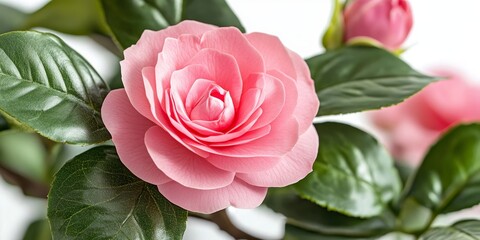 Aufkleber - Stunning pink rose accompanied by vibrant green spring leaves, creating a beautiful display that highlights the elegance of the pink rose and the freshness of the green spring leaf.