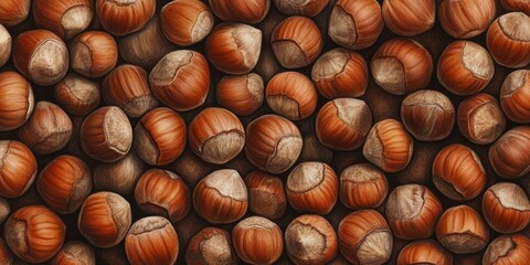 Poster - A detailed background and texture featuring hazelnuts in their shells, highlighting the unique patterns and earthy tones of these natural elements, ideal for artistic and culinary applications.