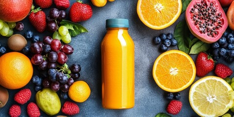 Poster - A vibrant bottle of orange smoothie is beautifully displayed alongside an array of fresh fruits, highlighting the refreshing nature of the orange smoothie and its fruity companions.