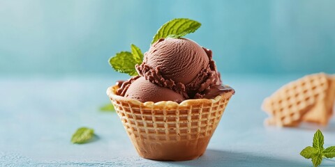 Poster - Waffle cup filled with chocolate ice cream is garnished with mint leaves, set against a pleasing blue background, creating an appealing dessert presentation.