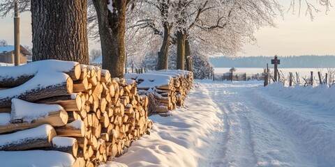 Poster - A winter landscape features snow covered ground and neatly stacked firewood, which is intended for use as a heat source during the cold season.