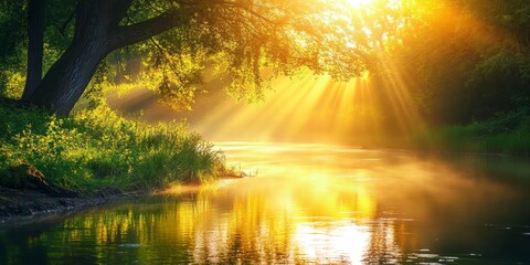 Poster - Sunny morning features sun rays shining through trees, casting reflections on the water by the river bank. Enjoy the beauty of a sunny morning with nature s vibrant elements.