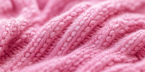 Poster - Close up of pink knitted fabric showcasing its intricate texture. This pink knitted fabric serves as a vibrant background, highlighting its unique texture and soft appearance. Perfect for design use.