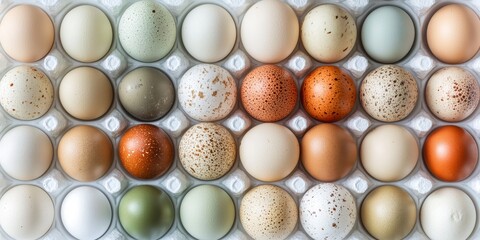 Aufkleber - Close up of chicken eggs arranged in containers, showcasing the natural textures and colors of chicken eggs in a detailed view that highlights the uniqueness of each chicken egg.