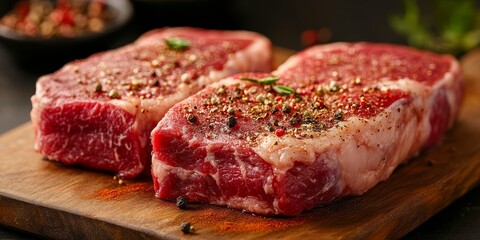 Aufkleber - Fresh raw meat steaks seasoned with aromatic spices placed on a wooden cutting board, showcasing the vibrant colors and textures of raw meat steaks ready for culinary preparation.