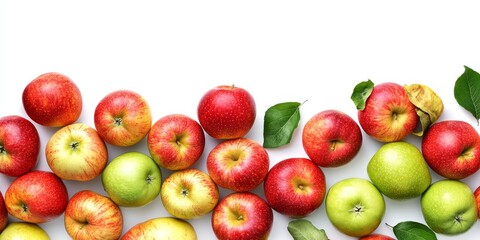 Poster - Vibrant healthy fruits background featuring a variety of apples on a clean white backdrop. This apple background showcases high resolution imagery perfect for highlighting apples in any layout.