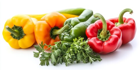 Poster - Fresh vegetables in vibrant hues of red, orange, yellow, and green peppers are beautifully isolated on a white background, showcasing the appeal of fresh vegetables in any culinary setting.
