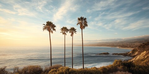 Aufkleber - Palm trees gracefully line the coastline, creating a picturesque scene. The beauty of palm trees against the serene coastline evokes a sense of tranquility and paradise.