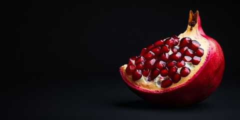 Poster - Half peeled pomegranate against a black background, showcasing its vibrant interior, ideal for creative projects. This half peeled pomegranate offers a striking visual with space for your text.