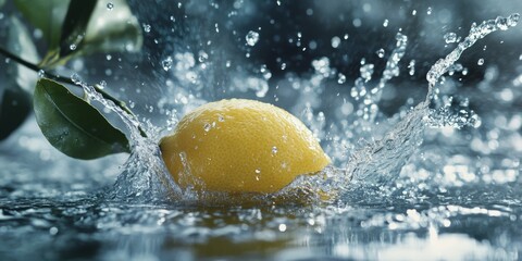 Poster - Splashing water drops create a vibrant scene, showcasing a lemon immersed in water. The lemon contrasts beautifully with the splash and water drops, enhancing the freshness of the moment.