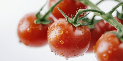 Aufkleber - Close up of red tomatoes on a branch, showcasing the vibrant red tomatoes against a clean white background, highlighting the freshness and natural beauty of red tomatoes.