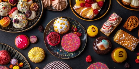 Poster - Vibrant Sprinkle Celebration A delightful assortment of colorful and tasty pastry delights beautifully presented on elegant plates.
