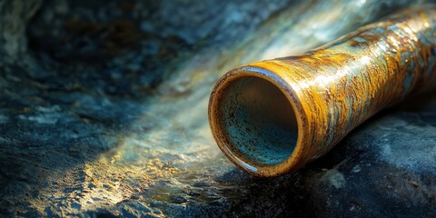Poster - Sunbeams illuminating a ceramic pipe create a beautiful interplay of light and shadow, highlighting the unique textures and colors of the ceramic pipe in this captivating scene.