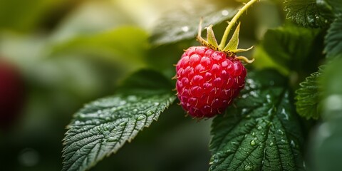 Poster - Close up view of a ripe raspberry nestled among lush greenery, showcasing the vibrant color and texture of the ripe raspberry in its natural garden setting, highlighting the beauty of the ripe