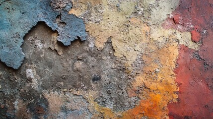 Poster - Close up view of an aged, multicolored plastering surface, capturing the unique textures and colors that characterize this old plastering surface in vibrant detail.