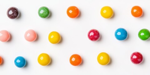 Poster - Vibrant colorful candies displayed on a white background, showcasing an assortment of delightful treats. These colorful candies are visually appealing and perfect for any sweet themed project.