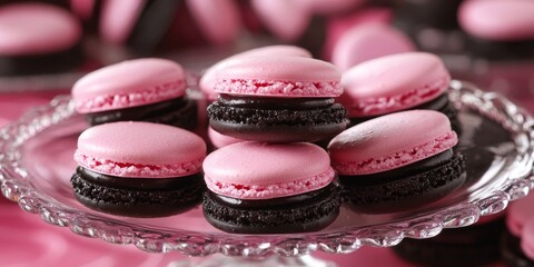 Poster - Delightful pink macaroons paired with rich black cookies create a visually appealing dessert arrangement featuring exquisite pink macaroons and indulgent black cookies for all to enjoy.