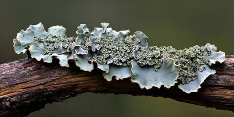 Aufkleber - Lichen thrives on a decaying branch, showcasing the intricate details of lichen growth and the unique beauty of nature s transformation as lichen colonizes a fallen piece of wood.