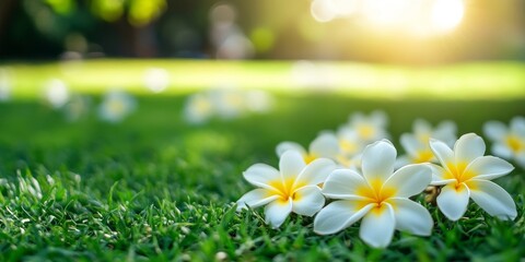 Poster - Close up and selectively focused image of white and yellow plumeria flowers resting on the lawn, with blurred green grass creating a serene backdrop for the plumeria blossoms.