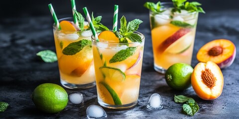 Poster - Refreshing cold lemonade featuring peach and lime served on a dark concrete background, this delicious cold lemonade is perfect for those warm days when a cold lemonade is just what you need.