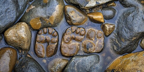 Leinwandbilder - Wet footprints leave a unique pattern on stones, creating an intriguing visual of wet footprints. The dampness enhances the details of the wet footprints on the natural surface of the stones.