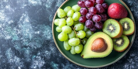Poster - Fresh grapes, avocado, and kiwi fruit arranged on a green rustic plate create a vibrant display against a marble texture background, perfect for showcasing healthy eating and fresh produce.
