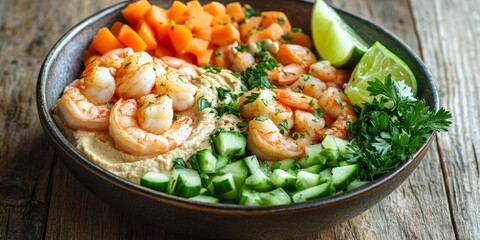 Poster - Delicious healthy lunch bowl featuring shrimp and vegetables, accompanied by hummus, parsley, and lime, elegantly arranged on a rustic wooden table. Side shot provides ample space for text.