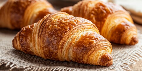 Poster - Delicious freshly baked croissants perfect for breakfast, creating a delightful start to a bright morning with their flaky texture and rich flavor, ideal for any breakfast table.