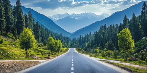 Poster - Scenic road lined with vibrant green trees and a backdrop of majestic blue mountains, creating a picturesque landscape that showcases the beauty of nature and tranquility.