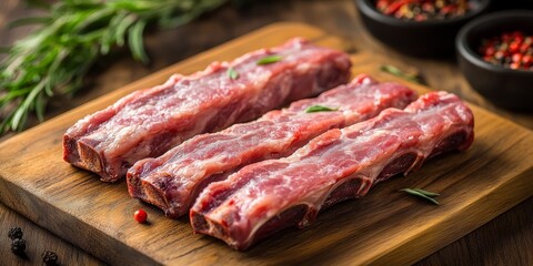 Aufkleber - Chopped raw pork ribs displayed on a wooden cutting board, showcasing the fresh and appetizing quality of raw pork ribs ready for preparation or cooking. Ideal for culinary themes featuring raw pork