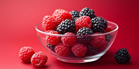 Poster - Close up view of a glass bowl filled with vibrant red and black raspberries, showcasing the rich colors and textures of these delicious raspberries against a striking red background.