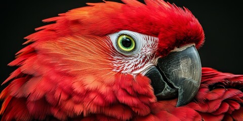 Poster - Vibrant red parrot showcasing striking green eye, displaying its stunning feathers and charming demeanor, making the red parrot a fascinating subject for wildlife photography enthusiasts.