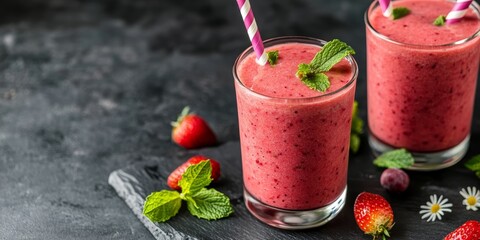 Poster - Refreshing strawberry smoothie served in glass glasses, accompanied by mint and straws. Scattered berries and chamomile add to the charm, beautifully captured in natural light with selective focus.