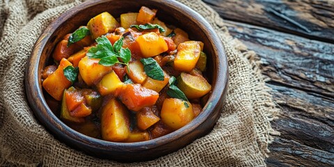 Poster - A dish of stewed vegetables placed on a textured textile background, highlighting the vibrant colors and textures of the stewed vegetables for an appealing presentation.