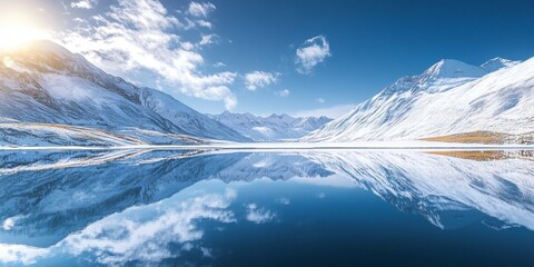 Poster - Snowy mountains reflect majestically over the serene lake, creating a stunning landscape where the snowy mountain scenery captivates the eye and enchants nature lovers everywhere.
