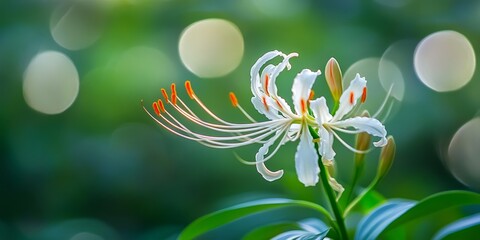 Aufkleber - Beach spider lily flower featuring lush green leaves showcases a stunning white delicate lily with vibrant orange stamens. The blurred close up highlights the rich textures of tropical jungle foliage.